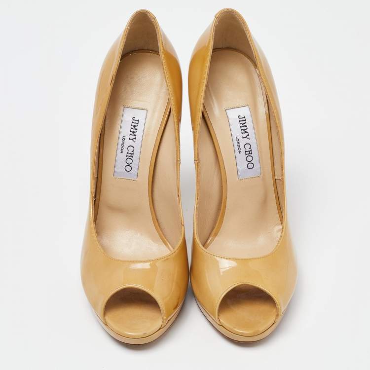 Pre Owned Jimmy Choo Beige Patent Leather Crown Peep Toe Pumps Size 40