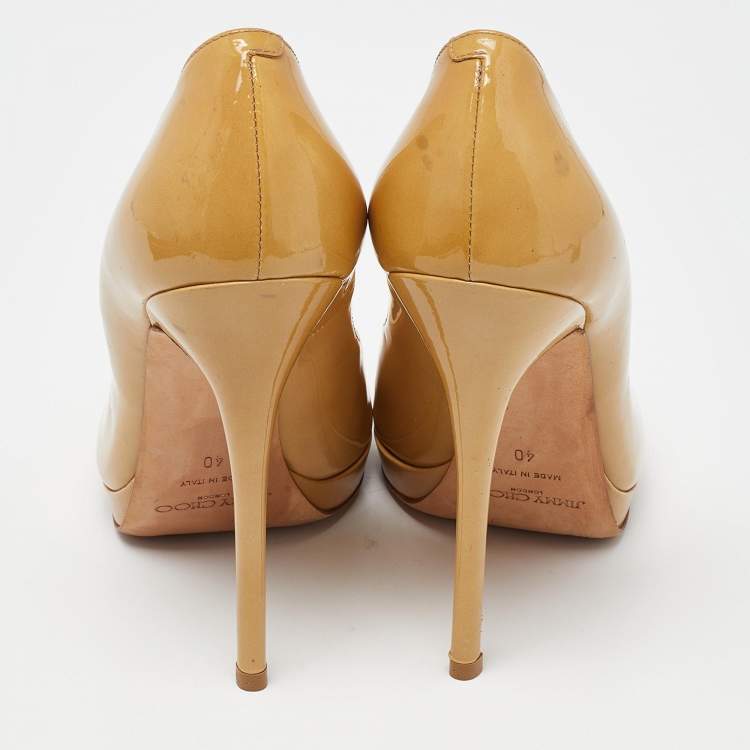 Pre Owned Jimmy Choo Beige Patent Leather Crown Peep Toe Pumps Size 40