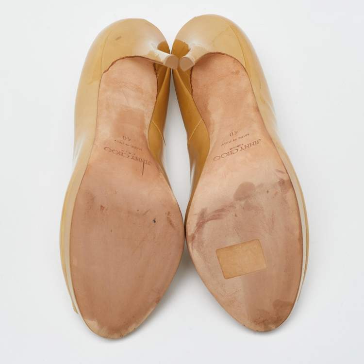 Pre Owned Jimmy Choo Beige Patent Leather Crown Peep Toe Pumps Size 40