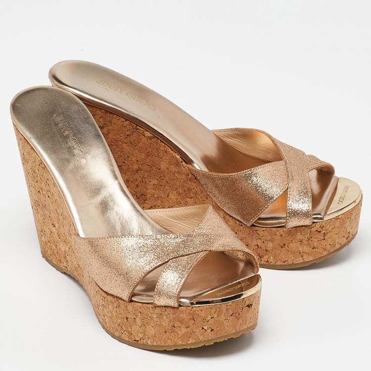 Pre Owned Jimmy Choo Gold Glitter Prima Cork Wedge Platform Sandals Size 36.5