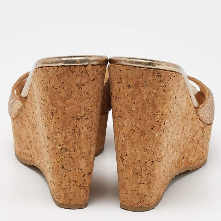 Pre Owned Jimmy Choo Gold Glitter Prima Cork Wedge Platform Sandals Size 36.5