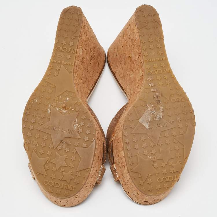 Pre Owned Jimmy Choo Gold Glitter Prima Cork Wedge Platform Sandals Size 36.5