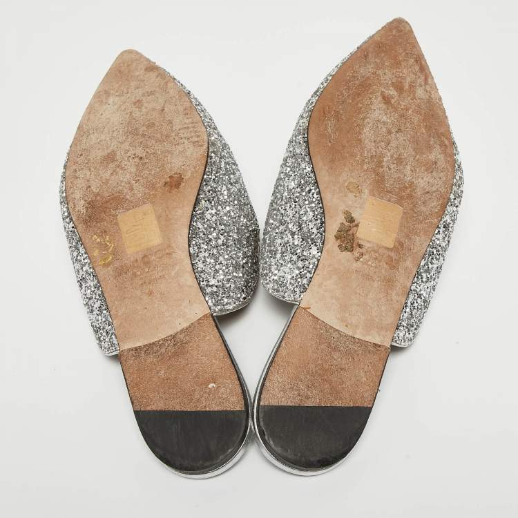Pre Owned Jimmy Choo Silver Glitter Bow Mules Size 40 