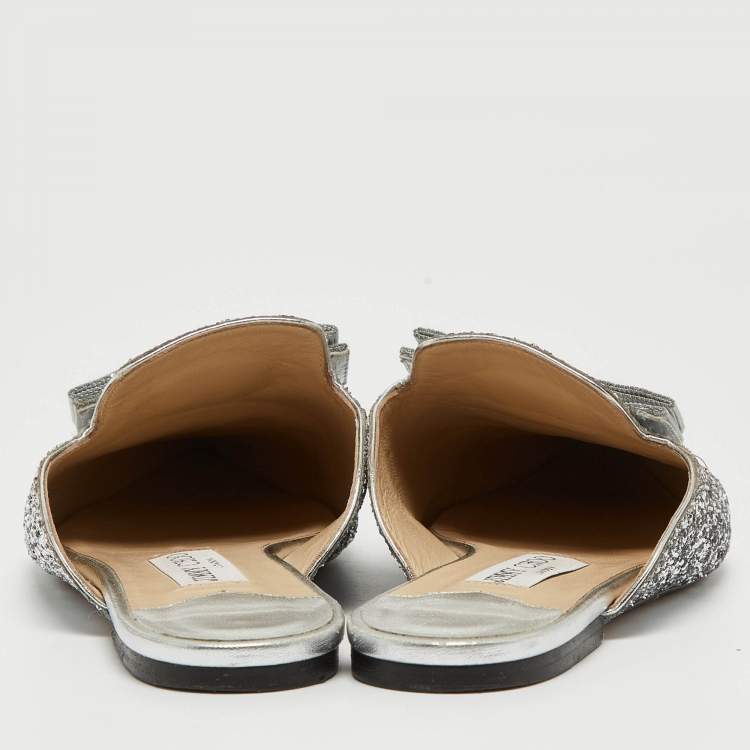 Pre Owned Jimmy Choo Silver Glitter Bow Mules Size 40 