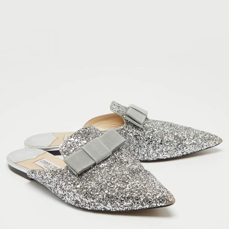 Pre Owned Jimmy Choo Silver Glitter Bow Mules Size 40 