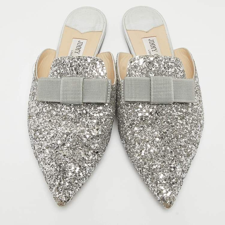 Pre Owned Jimmy Choo Silver Glitter Bow Mules Size 40 