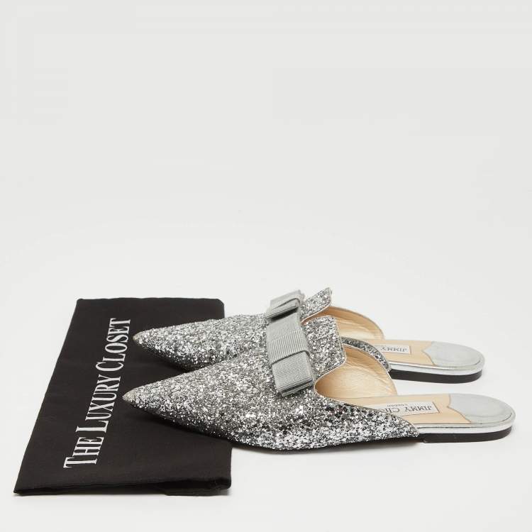 Pre Owned Jimmy Choo Silver Glitter Bow Mules Size 40 