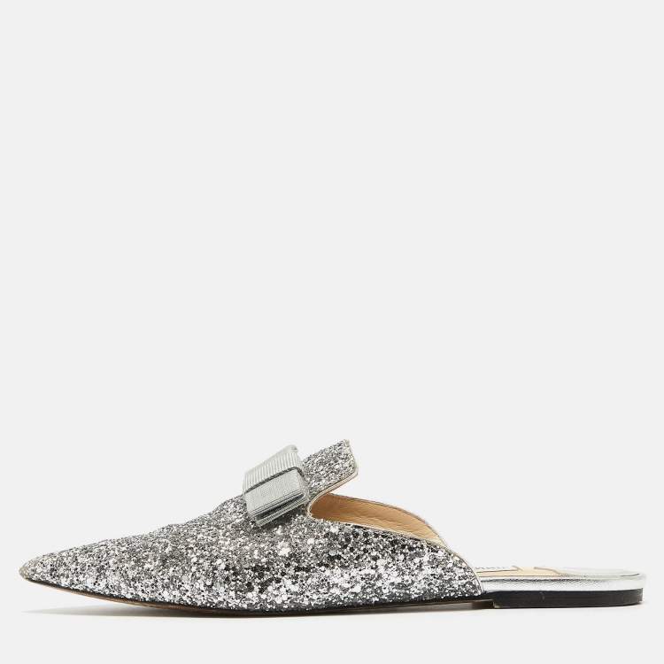 Pre Owned Jimmy Choo Silver Glitter Bow Mules Size 40 