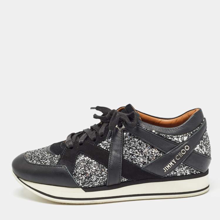 Pre Owned Jimmy Choo Black/Silver Coarse Glitter and Leather Low Top Sneakers Size 39