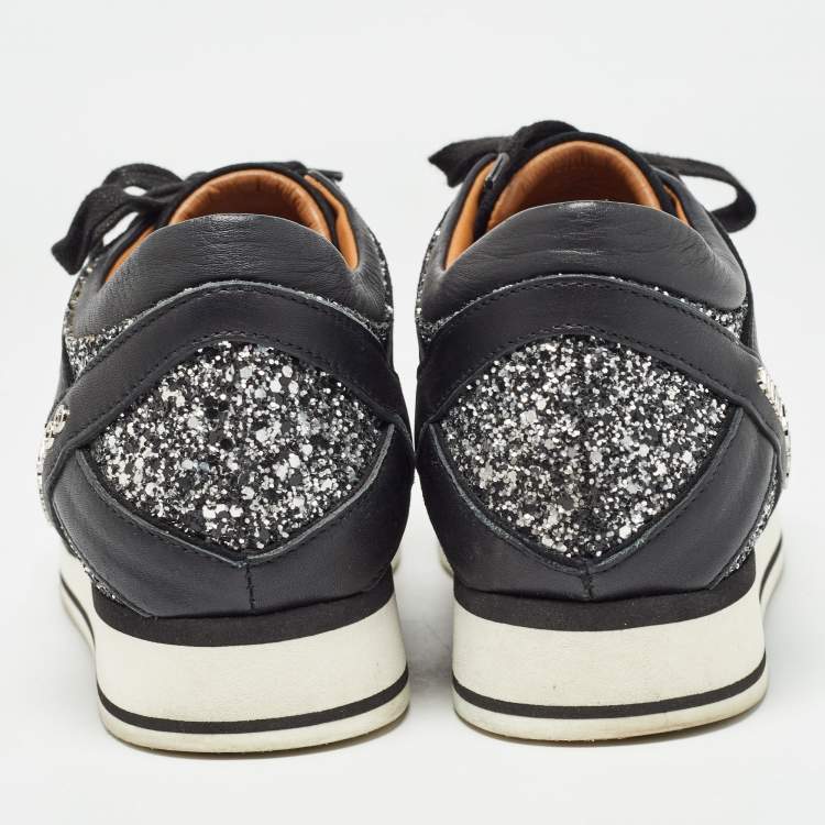 Pre Owned Jimmy Choo Black/Silver Coarse Glitter and Leather Low Top Sneakers Size 39