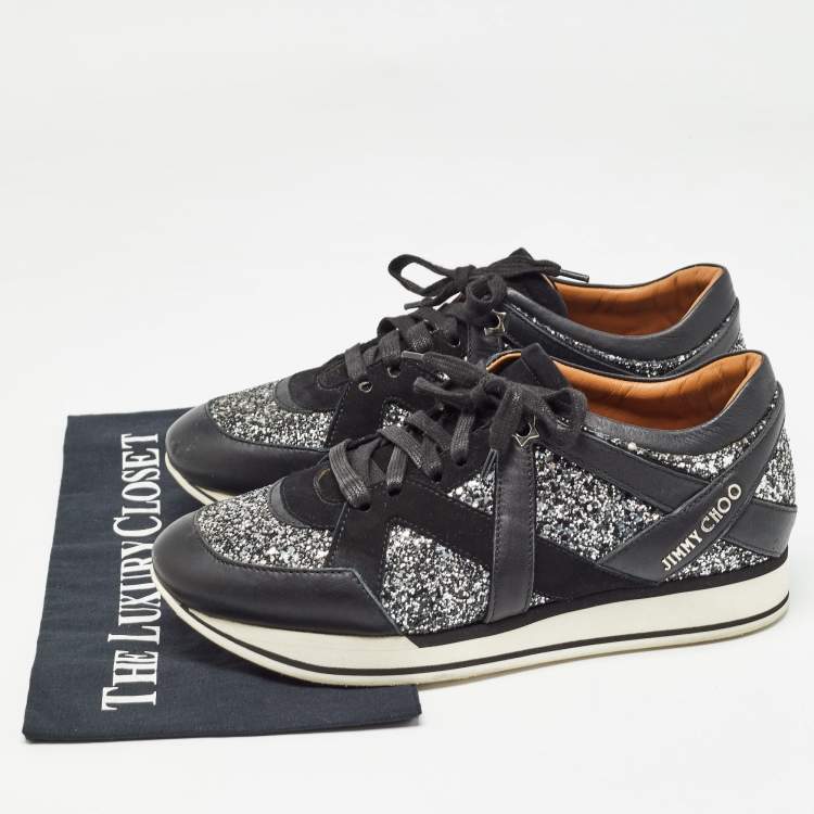 Pre Owned Jimmy Choo Black/Silver Coarse Glitter and Leather Low Top Sneakers Size 39