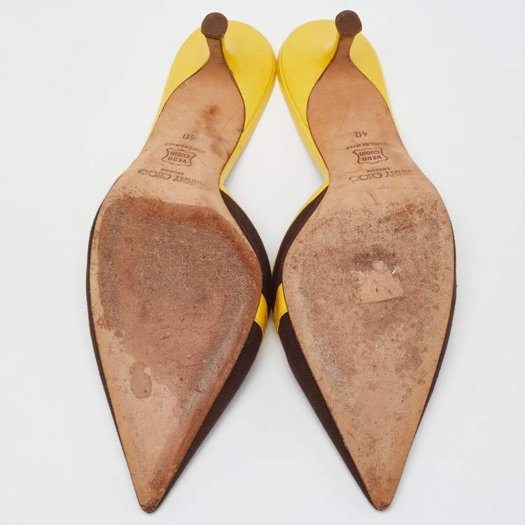 Pre Owned Jimmy Choo Brown/Yellow Canvas and Leather Pointed Toe Mules Size 40