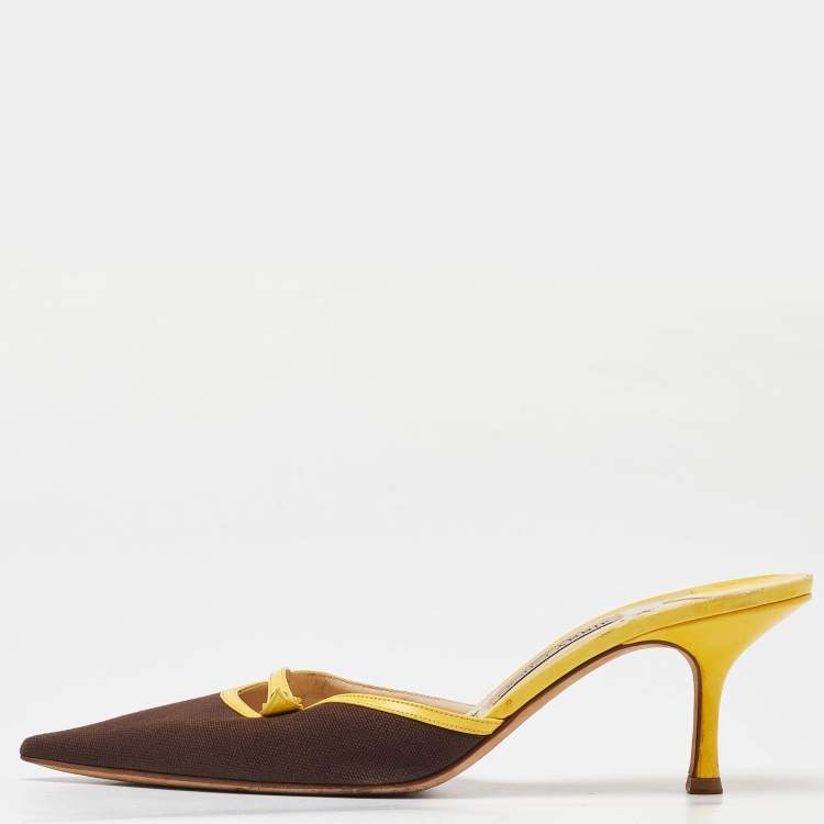 Pre Owned Jimmy Choo Brown/Yellow Canvas and Leather Pointed Toe Mules Size 40