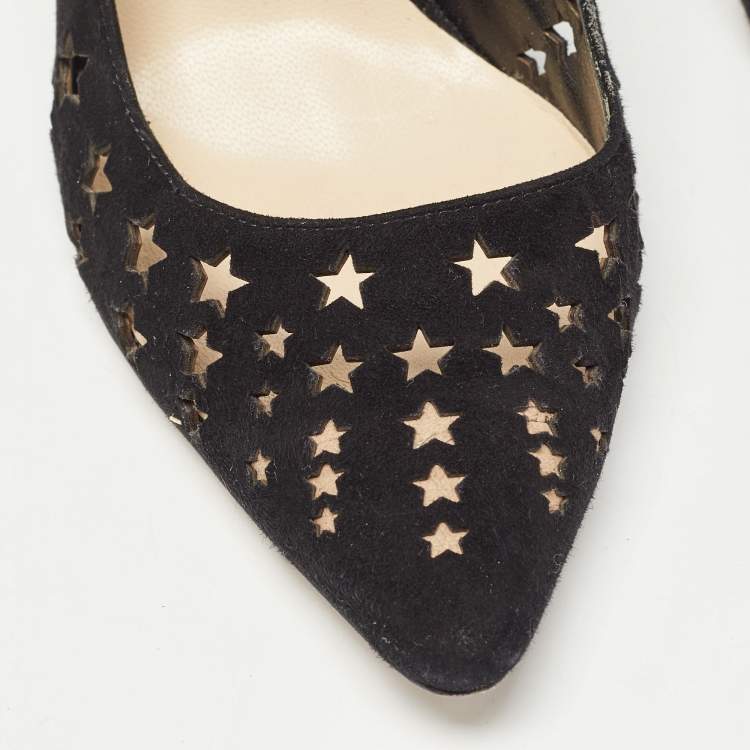 Pre Owned Jimmy Choo Black Suede Star Laser Cut Romy Pumps Size 38.5