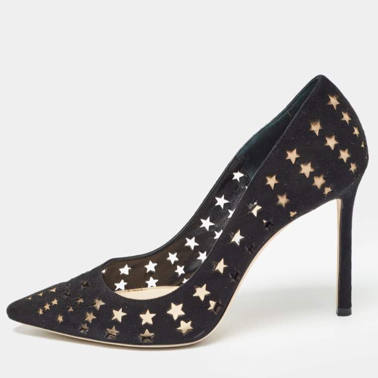 Pre Owned Jimmy Choo Black Suede Star Laser Cut Romy Pumps Size 38.5