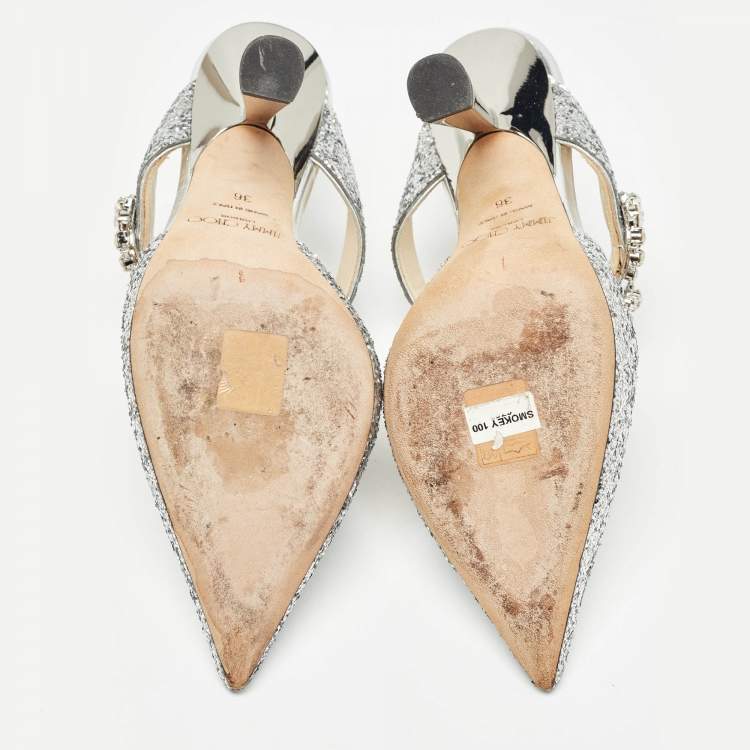 Pre Owned Jimmy Choo Silver Coarse Glitter Crystal Embellished Marta Mules Size 36