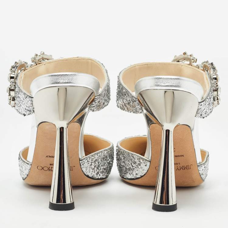 Pre Owned Jimmy Choo Silver Coarse Glitter Crystal Embellished Marta Mules Size 36
