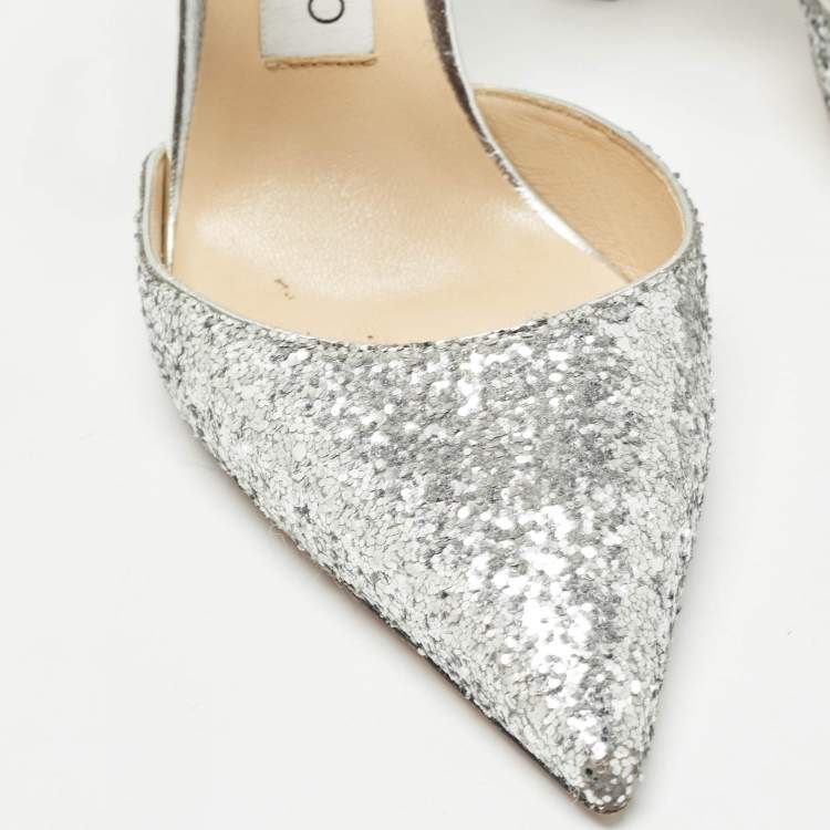 Pre Owned Jimmy Choo Silver Coarse Glitter Crystal Embellished Marta Mules Size 36