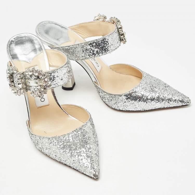 Pre Owned Jimmy Choo Silver Coarse Glitter Crystal Embellished Marta Mules Size 36
