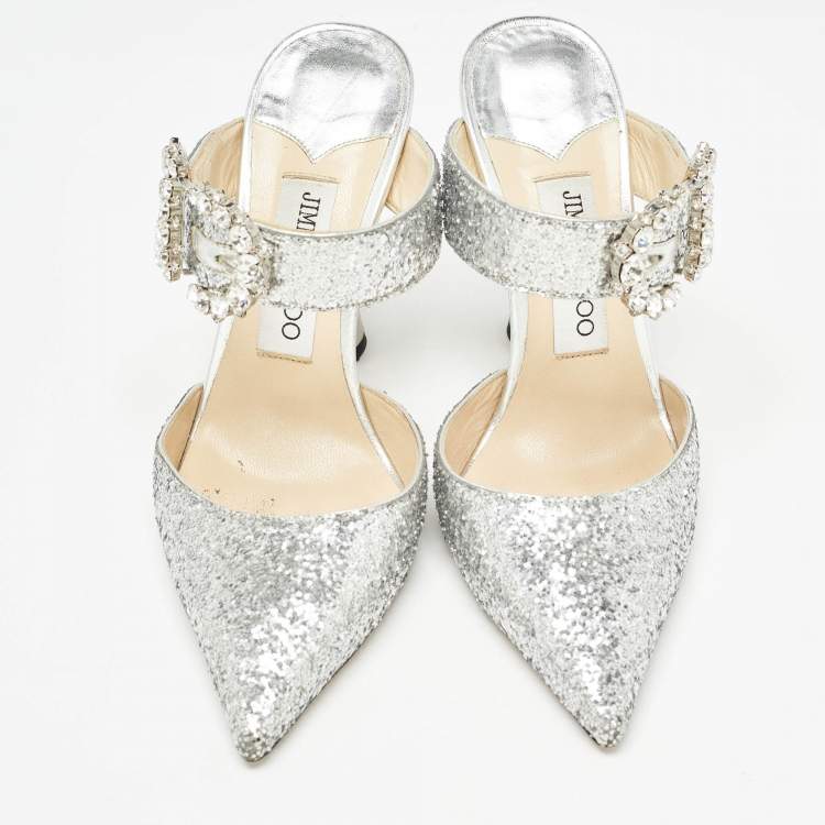 Pre Owned Jimmy Choo Silver Coarse Glitter Crystal Embellished Marta Mules Size 36