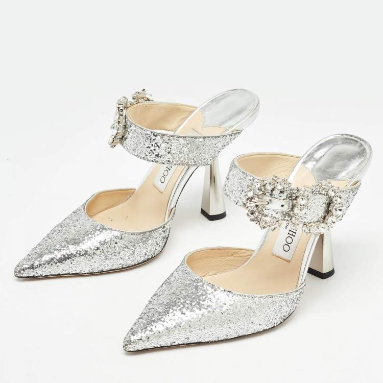 Pre Owned Jimmy Choo Silver Coarse Glitter Crystal Embellished Marta Mules Size 36