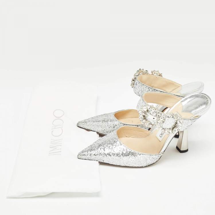 Pre Owned Jimmy Choo Silver Coarse Glitter Crystal Embellished Marta Mules Size 36
