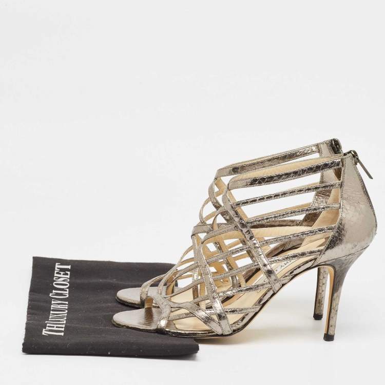 Pre Owned Jimmy Choo Metallic Grey Watersnake Strappy Peep Toe Sandals Size 39