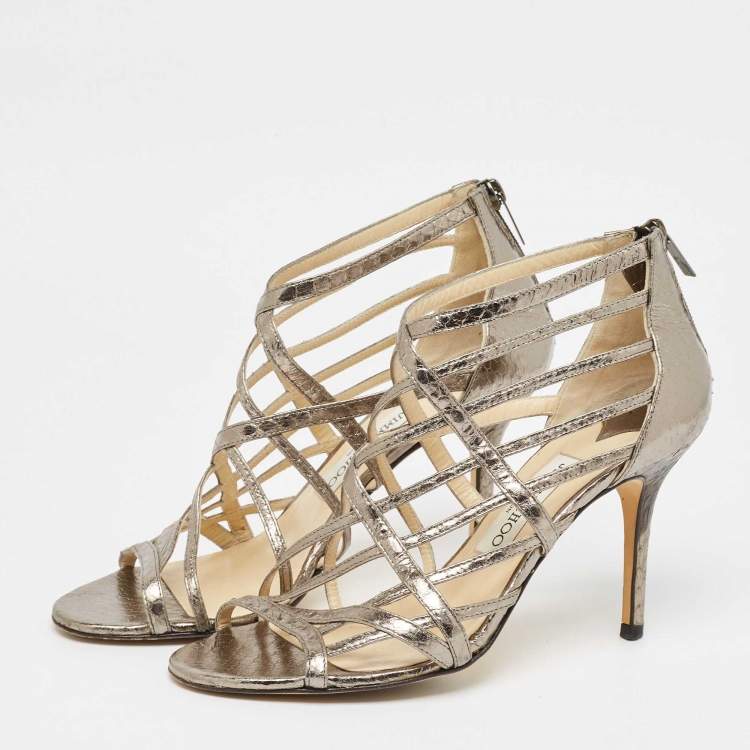 Pre Owned Jimmy Choo Metallic Grey Watersnake Strappy Peep Toe Sandals Size 39