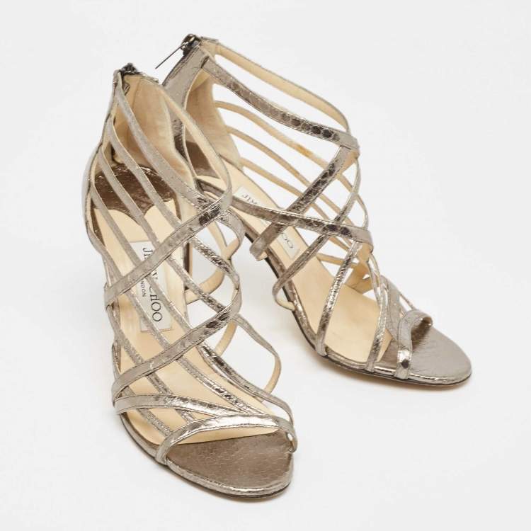 Pre Owned Jimmy Choo Metallic Grey Watersnake Strappy Peep Toe Sandals Size 39