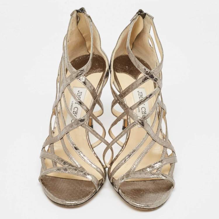 Pre Owned Jimmy Choo Metallic Grey Watersnake Strappy Peep Toe Sandals Size 39