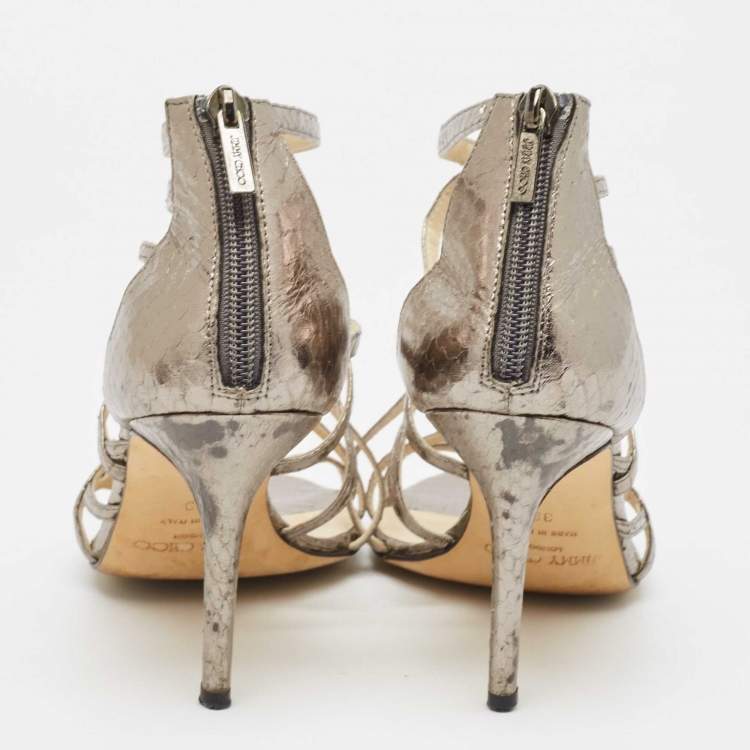 Pre Owned Jimmy Choo Metallic Grey Watersnake Strappy Peep Toe Sandals Size 39