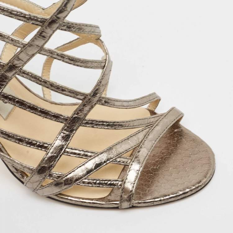 Pre Owned Jimmy Choo Metallic Grey Watersnake Strappy Peep Toe Sandals Size 39