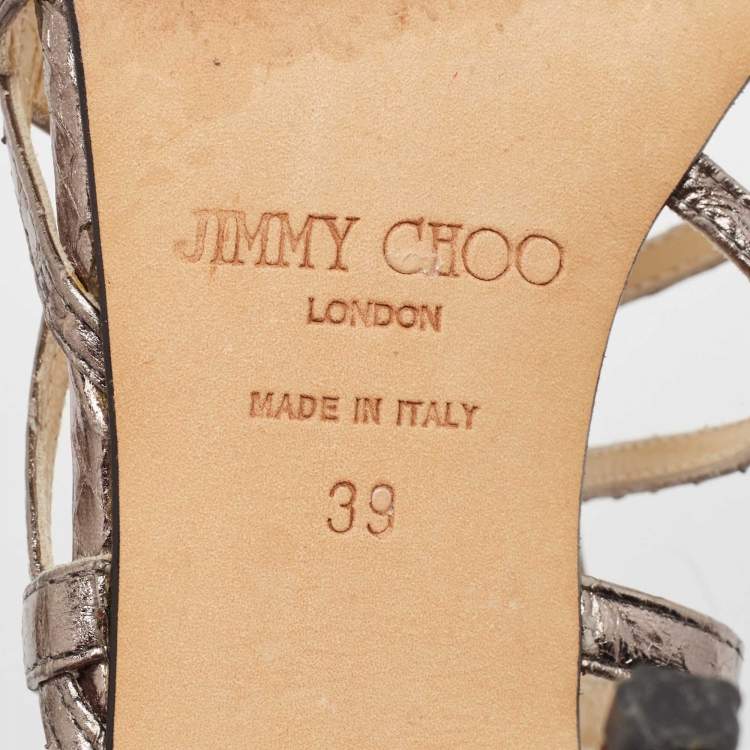 Pre Owned Jimmy Choo Metallic Grey Watersnake Strappy Peep Toe Sandals Size 39