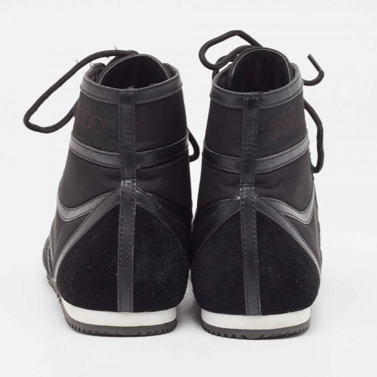 Pre Owned Jimmy Choo Black Leather and Nylon High Top Sneakers Size 38