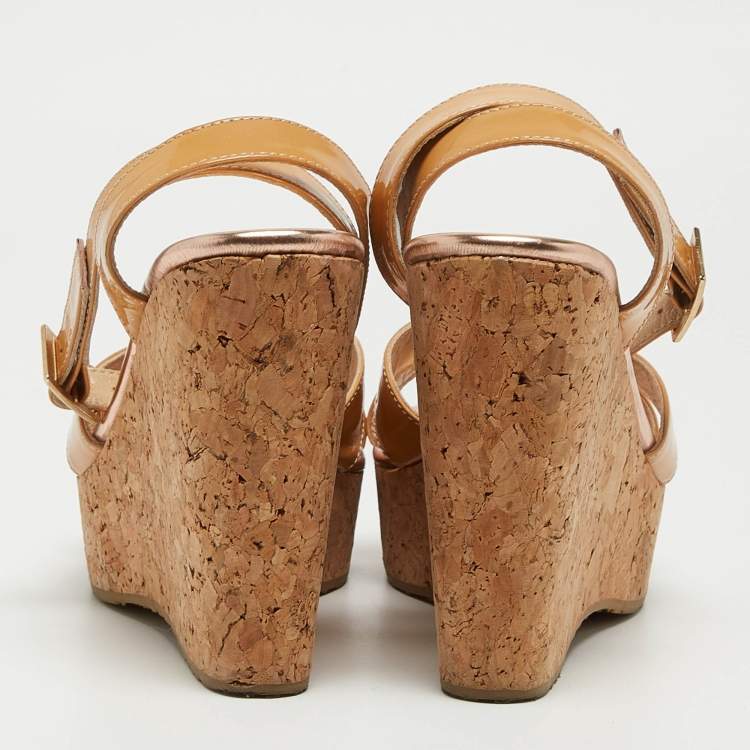 Pre Owned Jimmy Choo Beige Patent Leather Papyrus Cork Wedge Sandals Size 38.5