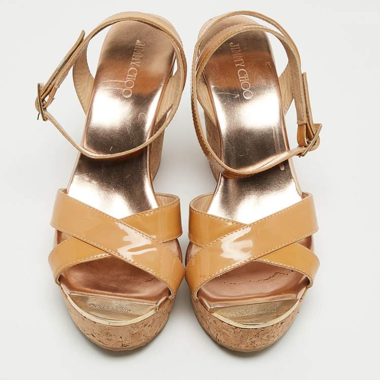Pre Owned Jimmy Choo Beige Patent Leather Papyrus Cork Wedge Sandals Size 38.5