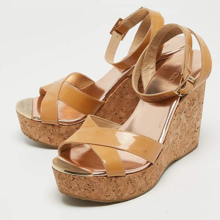 Pre Owned Jimmy Choo Beige Patent Leather Papyrus Cork Wedge Sandals Size 38.5