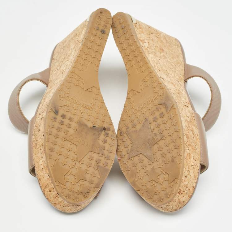 Pre Owned Jimmy Choo Beige Leather Parker Cork Wedge Sandals Size 39