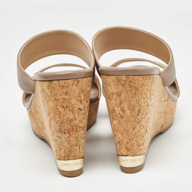Pre Owned Jimmy Choo Beige Leather Parker Cork Wedge Sandals Size 39