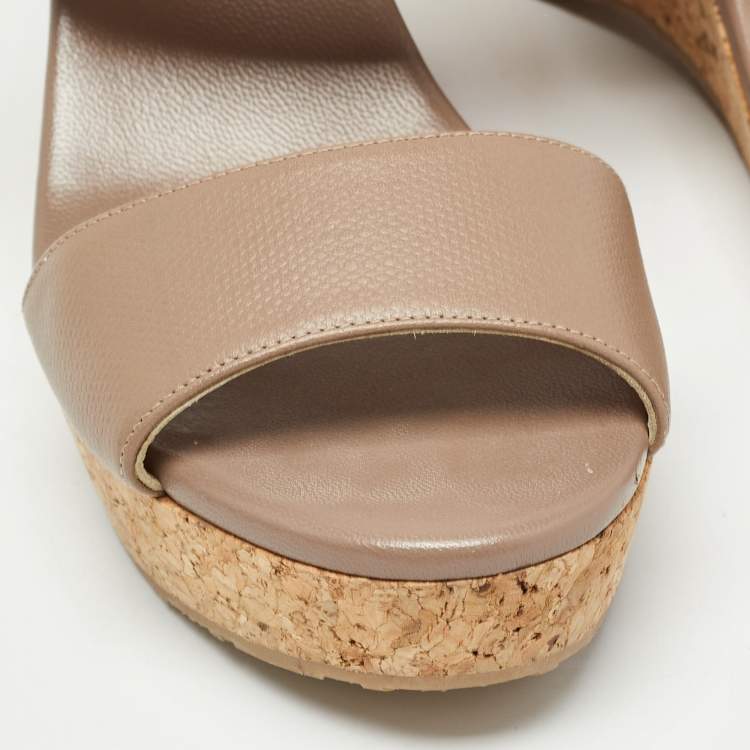 Pre Owned Jimmy Choo Beige Leather Parker Cork Wedge Sandals Size 39