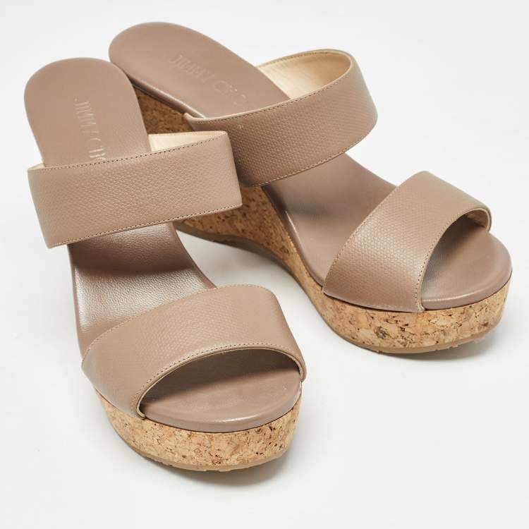 Pre Owned Jimmy Choo Beige Leather Parker Cork Wedge Sandals Size 39