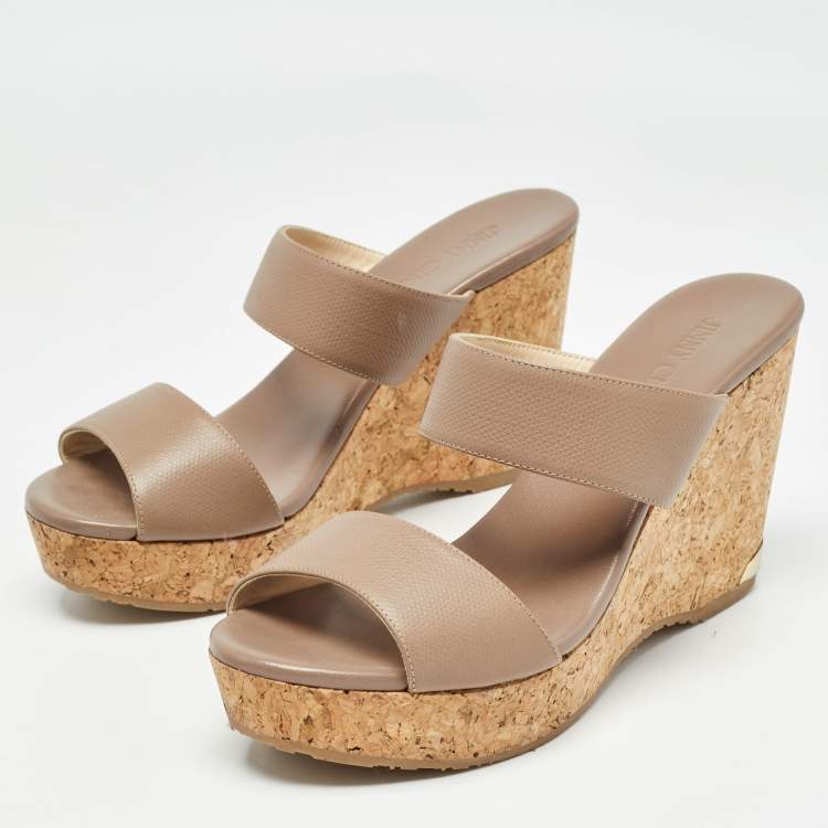 Pre Owned Jimmy Choo Beige Leather Parker Cork Wedge Sandals Size 39