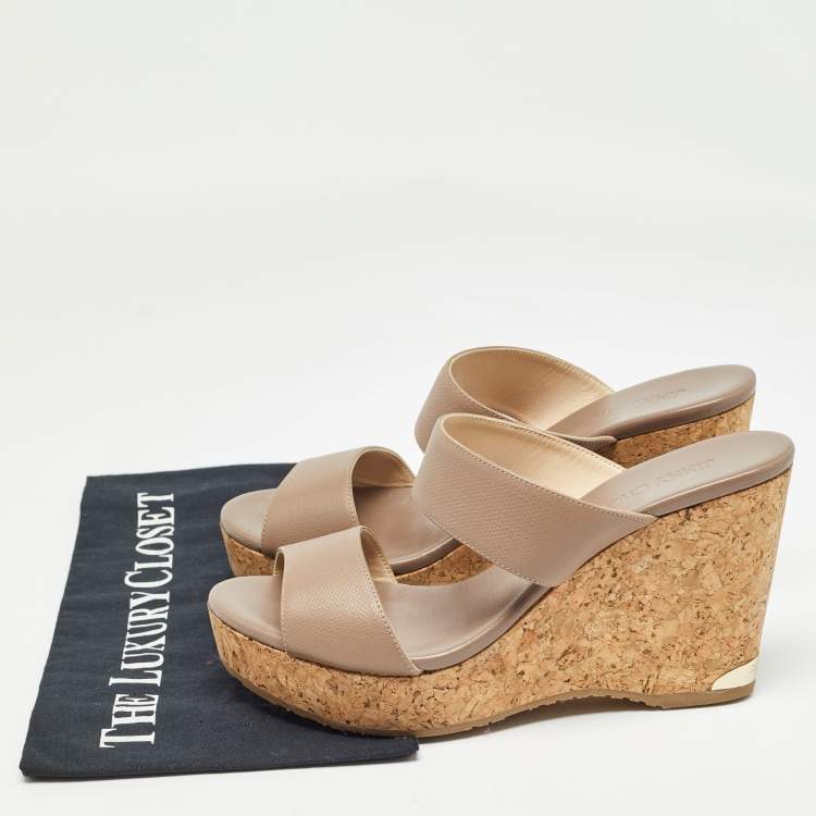 Pre Owned Jimmy Choo Beige Leather Parker Cork Wedge Sandals Size 39