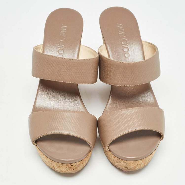 Pre Owned Jimmy Choo Beige Leather Parker Cork Wedge Sandals Size 39