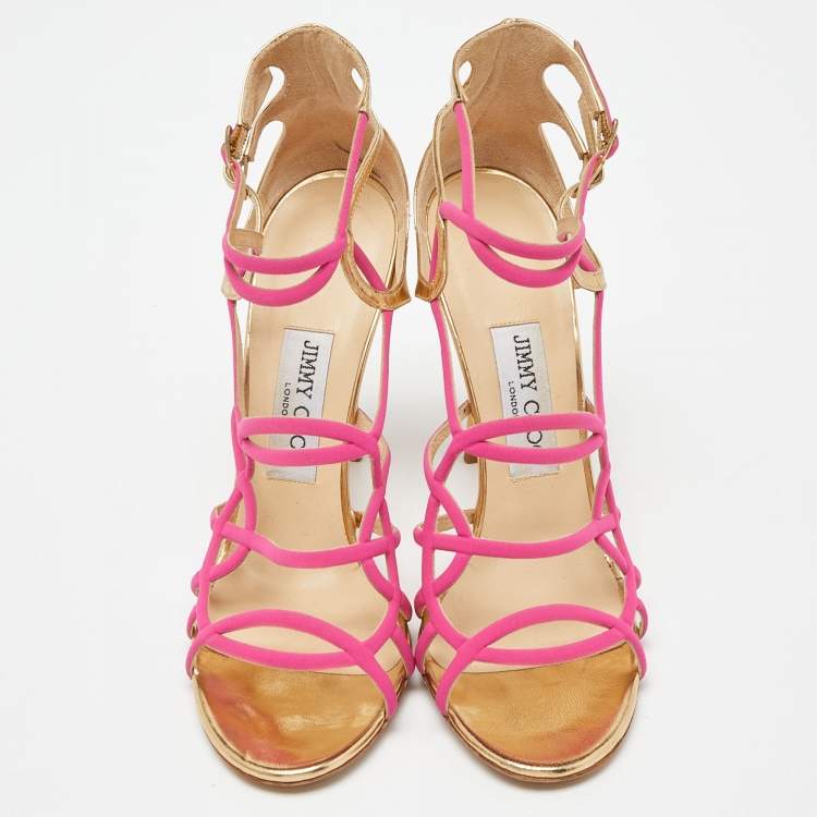 Pre Owned Jimmy Choo Pink/Gold Leather and Fabric Buckle Detail Cage Sandals Size 39