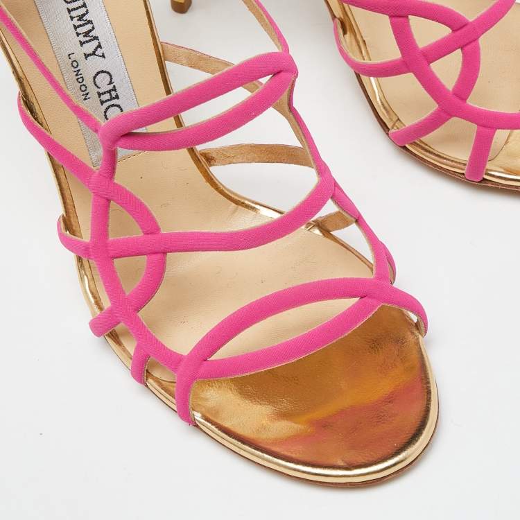 Pre Owned Jimmy Choo Pink/Gold Leather and Fabric Buckle Detail Cage Sandals Size 39