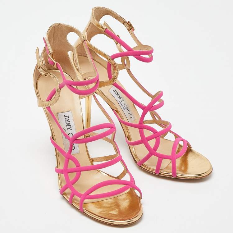 Pre Owned Jimmy Choo Pink/Gold Leather and Fabric Buckle Detail Cage Sandals Size 39