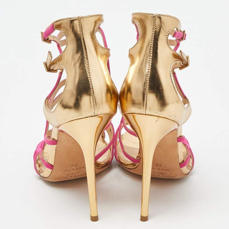 Pre Owned Jimmy Choo Pink/Gold Leather and Fabric Buckle Detail Cage Sandals Size 39
