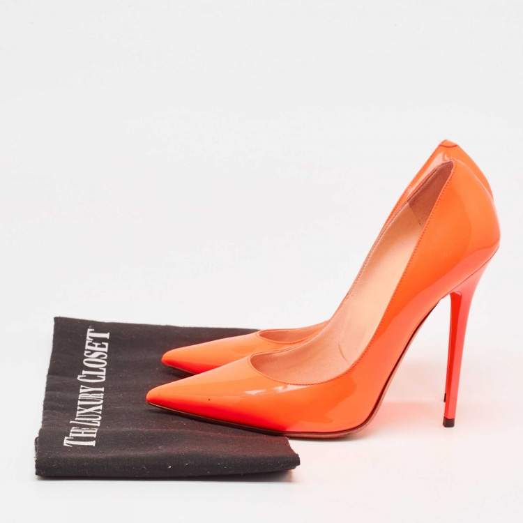 Pre Owned Jimmy Choo Orange Patent Leather Pointed Toe Pumps Size 37