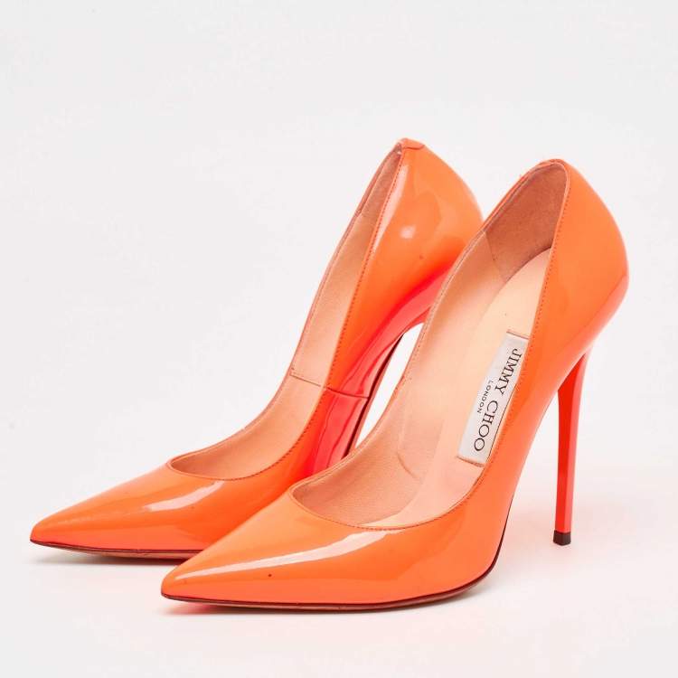 Pre Owned Jimmy Choo Orange Patent Leather Pointed Toe Pumps Size 37